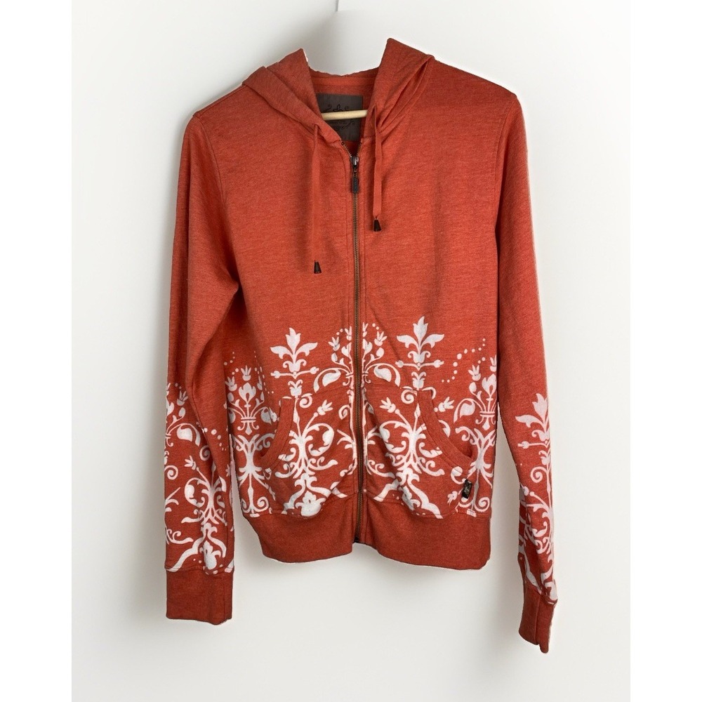 prAna Women's L Orange White Floral Full Zip Cotton Blend Hoodie Sweatshirt